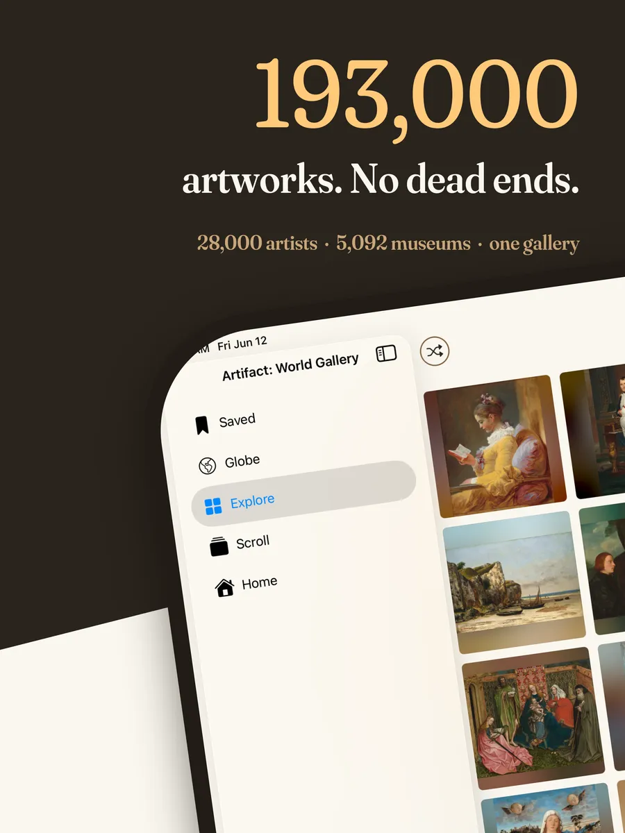 The Artifact World Gallery app on iPad — the Explore tile board