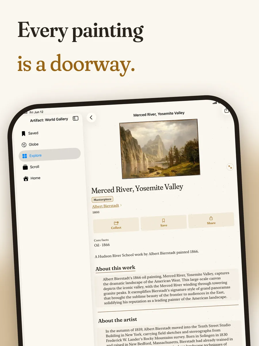 The Artifact World Gallery app on iPad — the globe of museum exhibitions