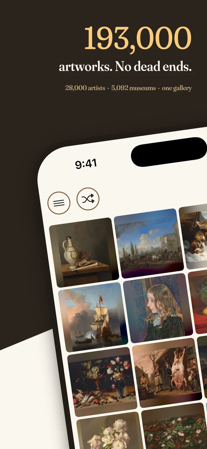 The Artifact World Gallery iOS app — 193,000+ artworks on the Explore tile board