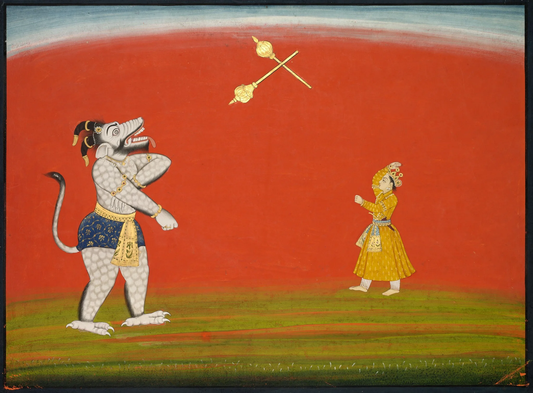Pradyumna and Samvara fight with maces: Leaf from the "Large Basohli Bhagavata Purana", detail