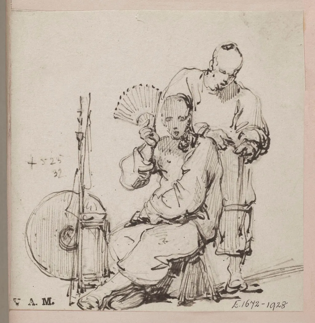 A Chinese barber with a seated customer, by George Chinnery, 14