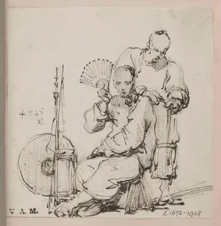 A Chinese barber with a seated customer, by George Chinnery, 14