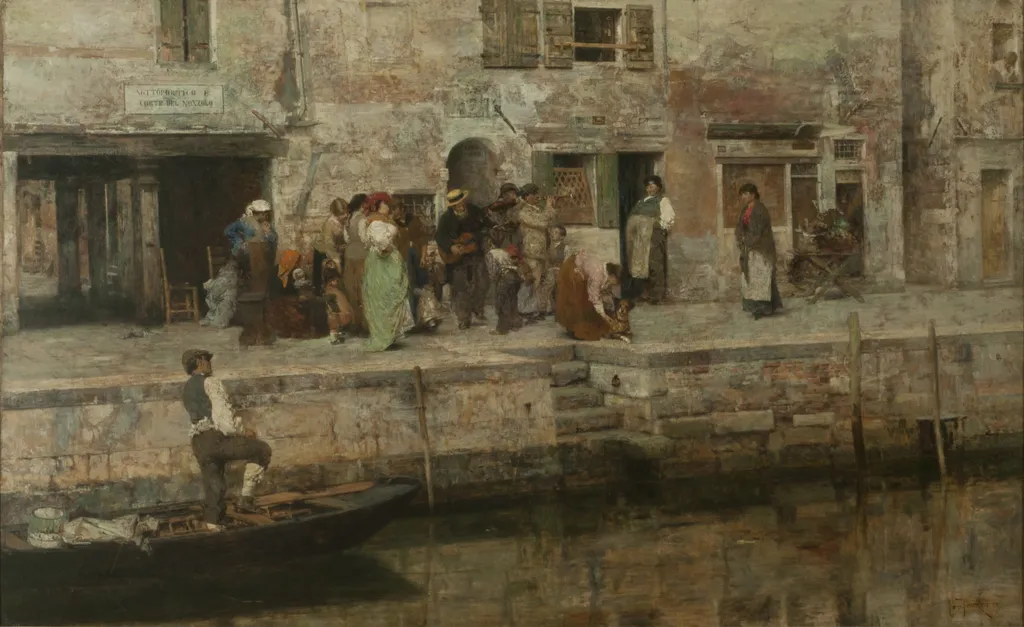 Street musicians, by Giacomo Favretto, oil