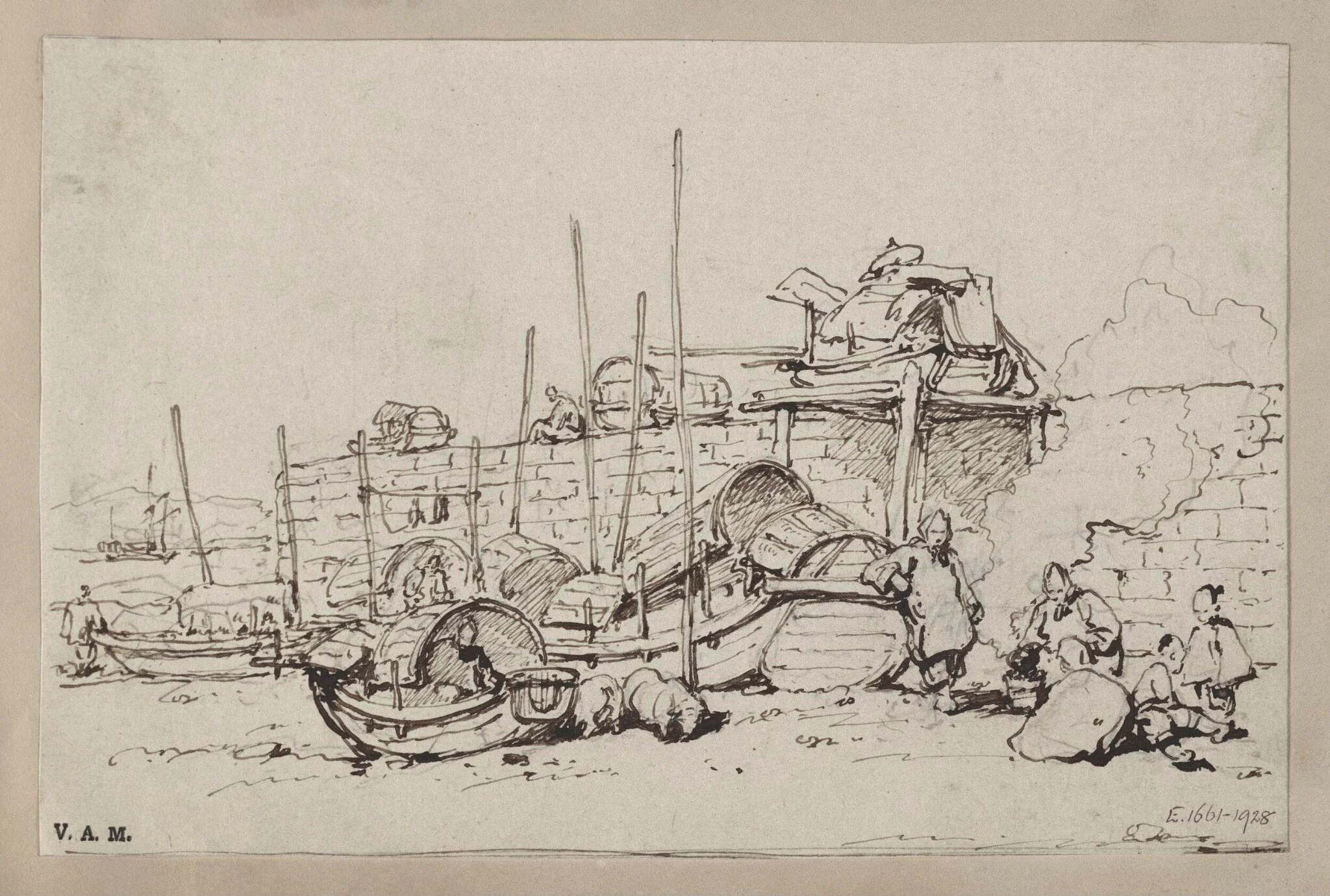 Tanka boats and boatpeople on the beach by the sea wall, Macau, detail