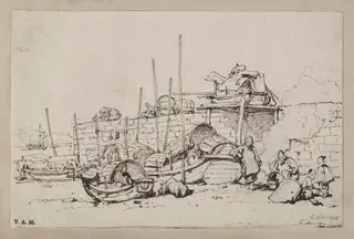 Tanka boats and boatpeople on the beach by the sea wall, Macau, by George Chinnery, 19