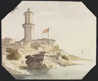 A Turkish Lighthouse, possibly Rumeli Feneri on the Upper Bosphorus at the entrance to the Black Sea, by William Page, watercolor, 1827