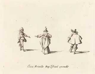 Lady with Outstretched Arm, Seen from Behind, and Two Gentlemen, by Jacques Callot, ink, 1634
