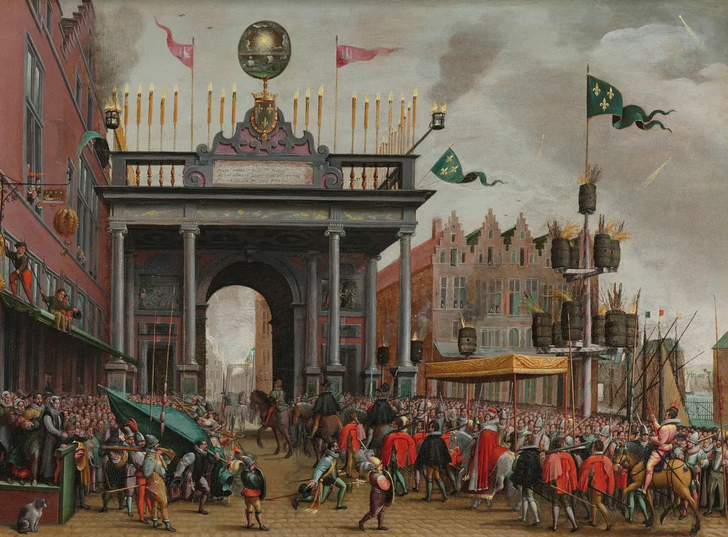 Joyous Entry of François, Duke of Anjou into Antwerp, 19 February 1582, with a Triumphal Arch on St. Jan's Bridge, by Monogrammist M.H.V.H., oil, 1600