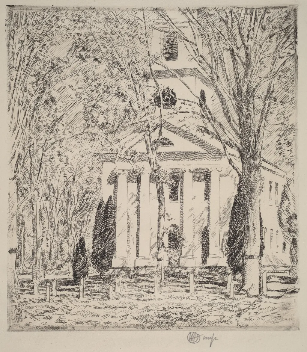 The Church at Old Lyme, by Childe Hassam, ink, 1924