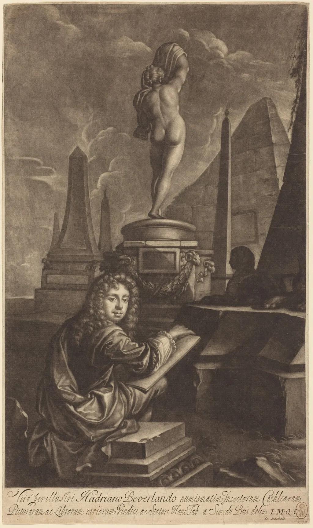 Adrian Beverland Drawing from a Statue, by Isaak Beckett, ink, 1686