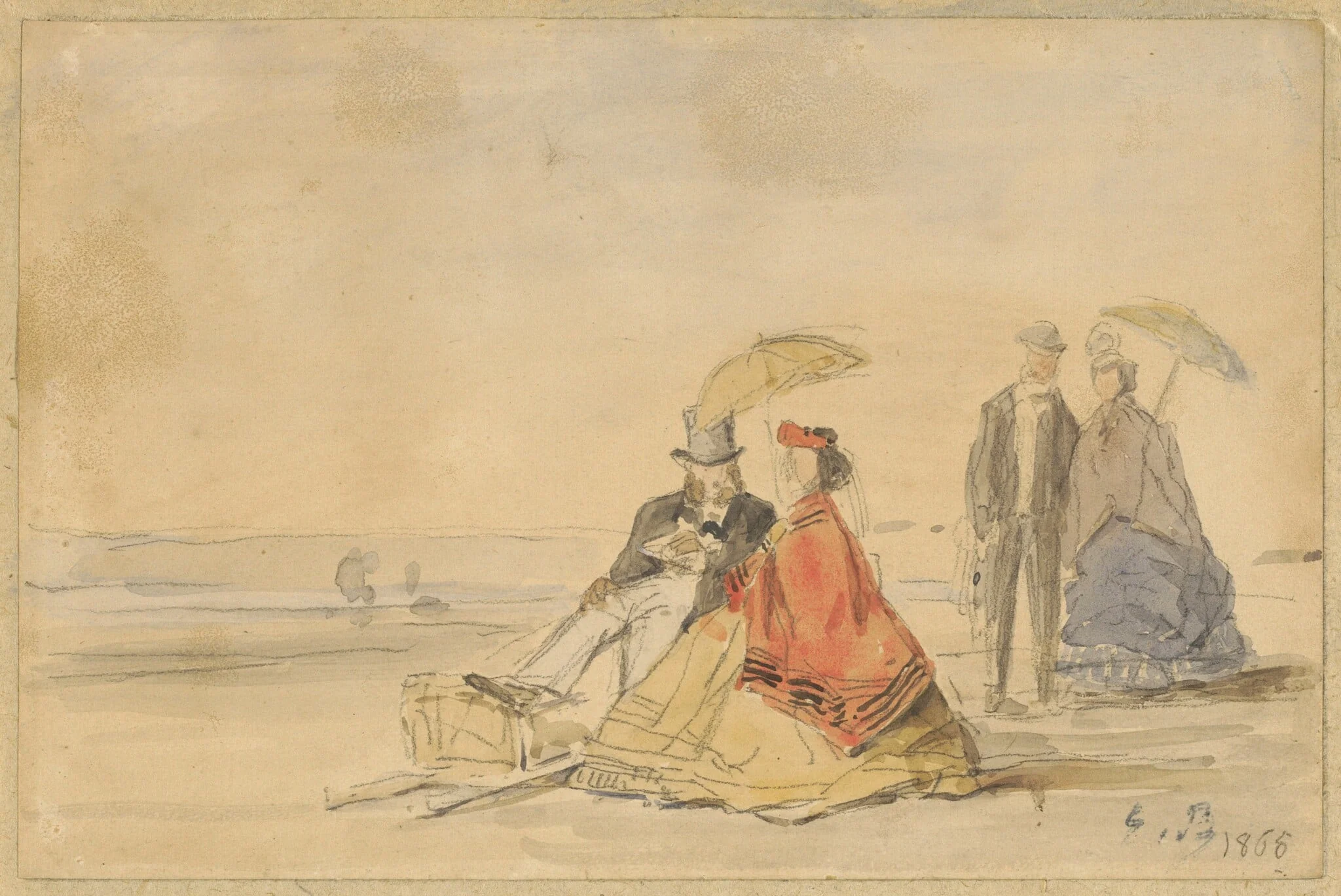 A Couple Seated and a Couple Walking on the Beach, detail