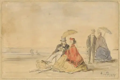 A Couple Seated and a Couple Walking on the Beach, by Eugène Boudin, graphite, 1865