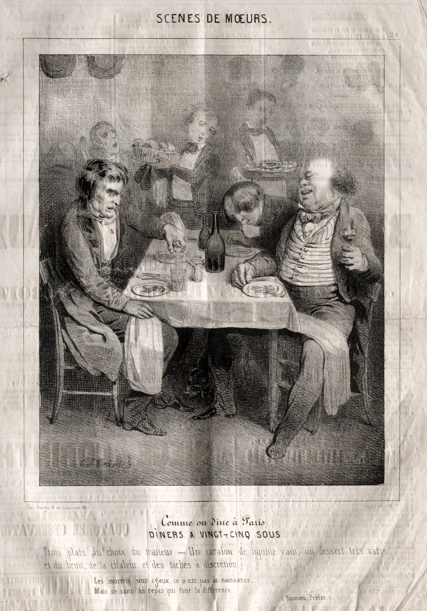 Scènes de moeurs: Comme ou dine à Paris. Diners a vingt-cing sous. Trois plates au choix du traiteur..., detail