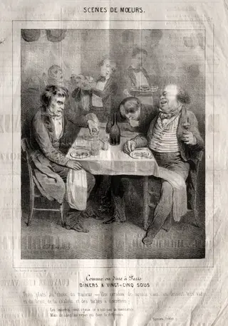 Scènes de moeurs:  Comme ou dine à Paris.  Diners a vingt-cing sous. Trois plates au choix du traiteur..., by Charles Joseph Traviès de Villers, 1838