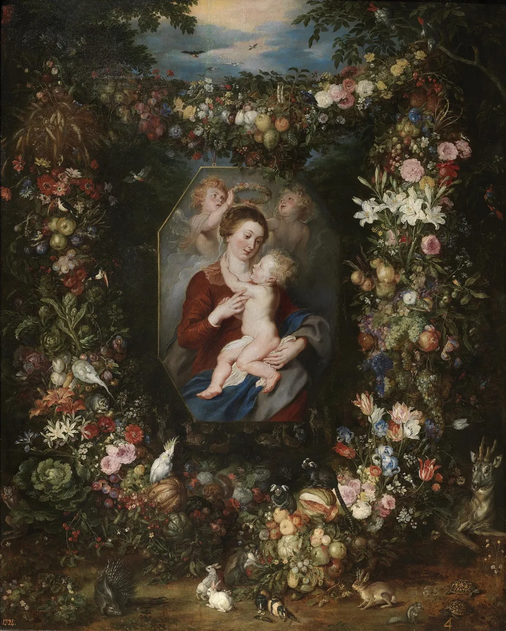 The Virgin and Child in a Painting surrounded by Fruit and Flowers, by Peter Paul Rubens, oil, 1617