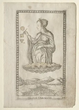 Geometry (from the Tarocchi, series C:  Liberal Arts, #24), by Master of the E-Series Tarocchi, 1467