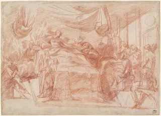 A Deathbed Scene [recto], by Polidoro da Caravaggio, chalk, 1522