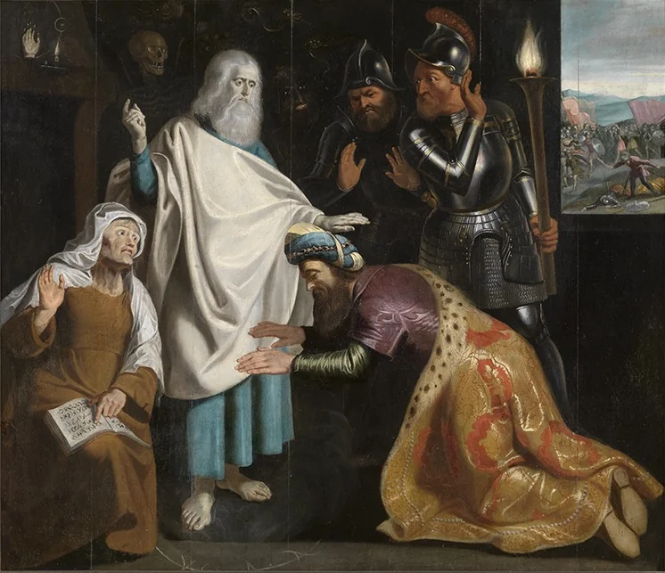 The ghost of Samuel appears to the witch of Endor; Saul falls prostrate to the ground (1 Samuel 28:3-20), detail