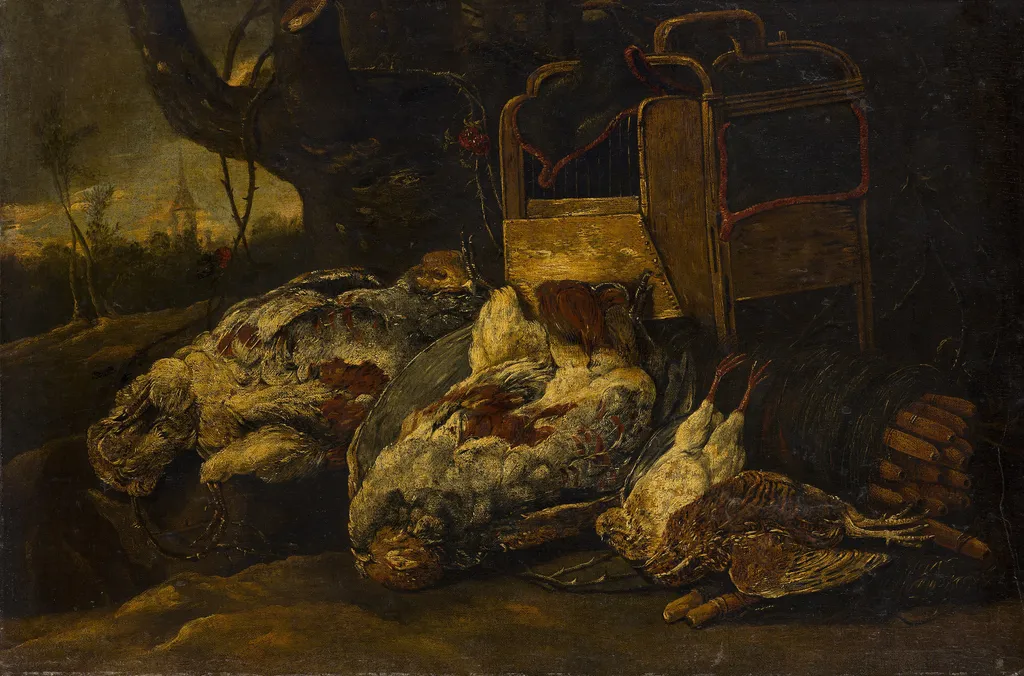 Still Life with Dead Birds, Cage and Net, by Jan Fyt, oil, 1647