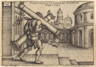 Hercules Carrying the Columns of Gades, by Sebald Beham, ink, 1545
