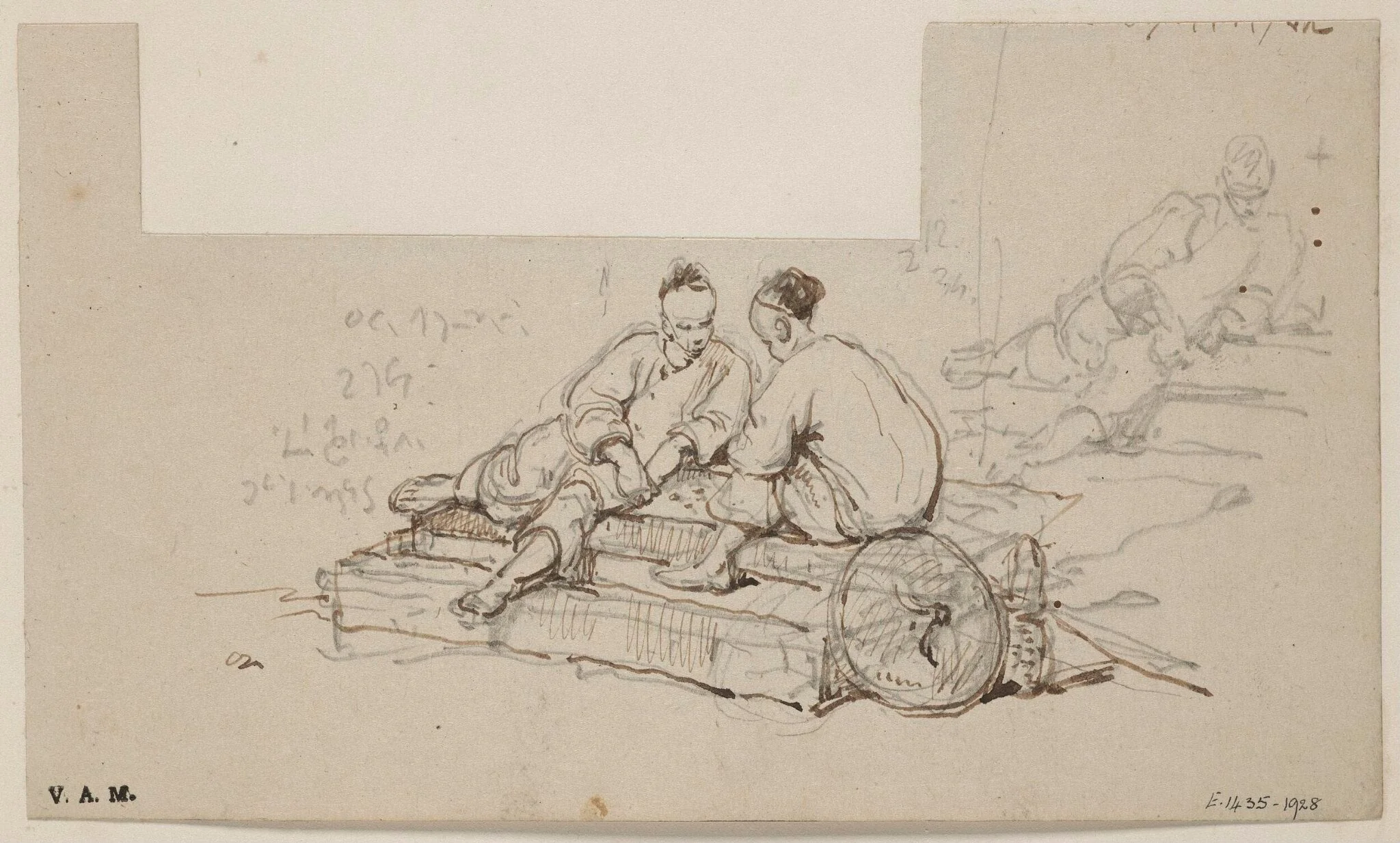 Two figures seated on a pair of steps, detail