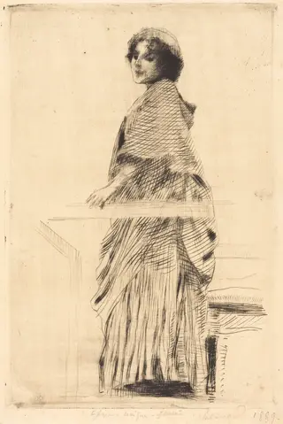 Woman in a Cape (La femme à la pèlerine), by Albert Besnard, ink, 1889
