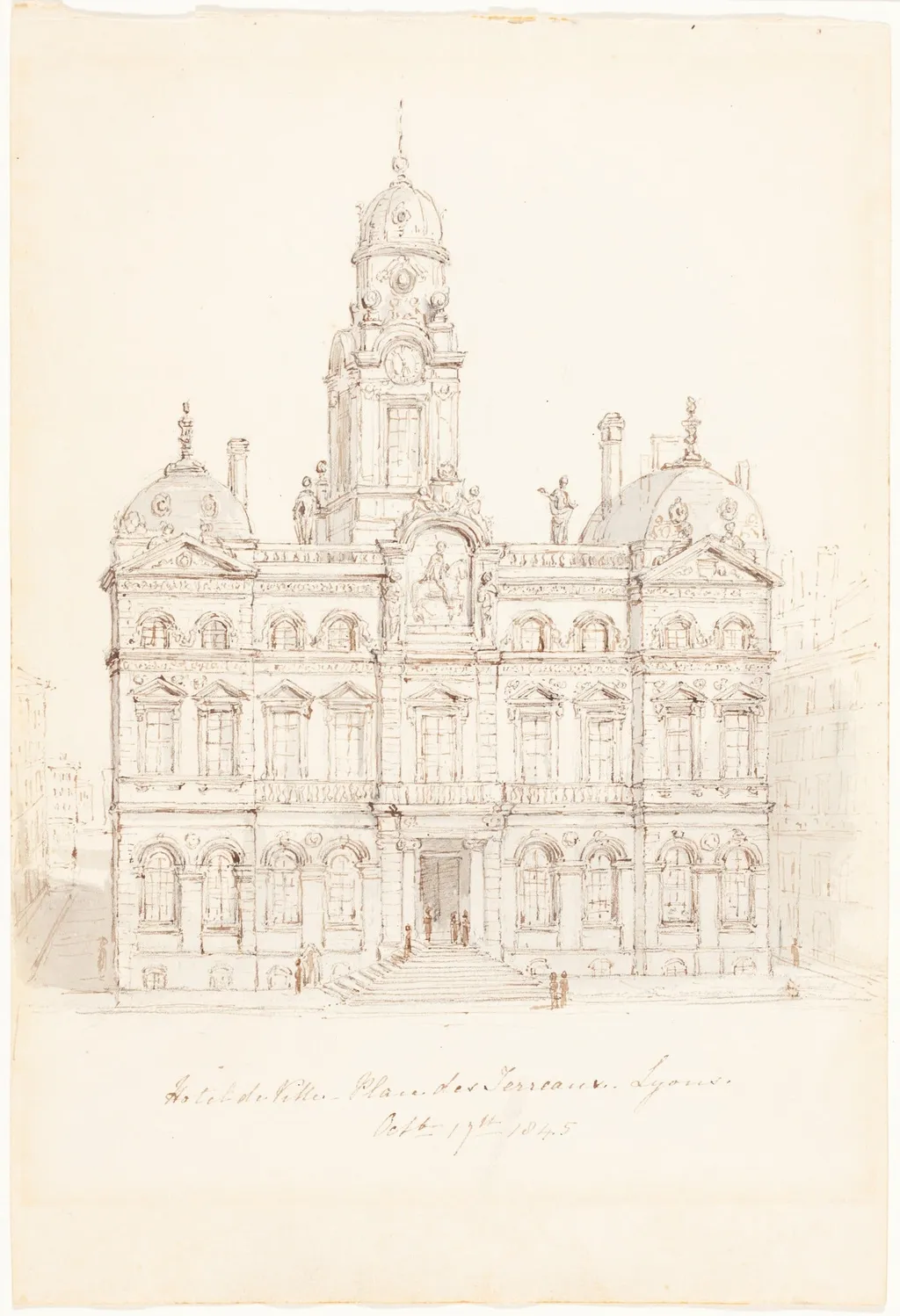 Hôtel de Ville, Place des Terreaux, Lyons, by Robert Smirke, ink, 1845
