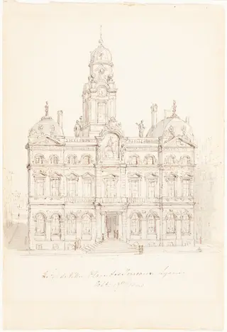 Hôtel de Ville, Place des Terreaux, Lyons, by Robert Smirke, ink, 1845