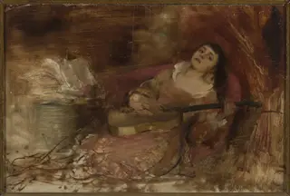 Woman with a guitar, by Szymon Buchbinder, unspecified, 1890