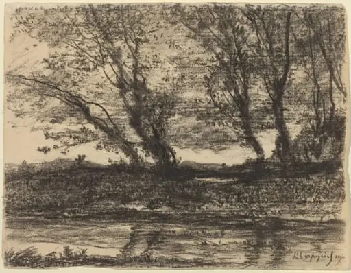 Landscape, by Henri-Joseph Harpignies, charcoal, 1911