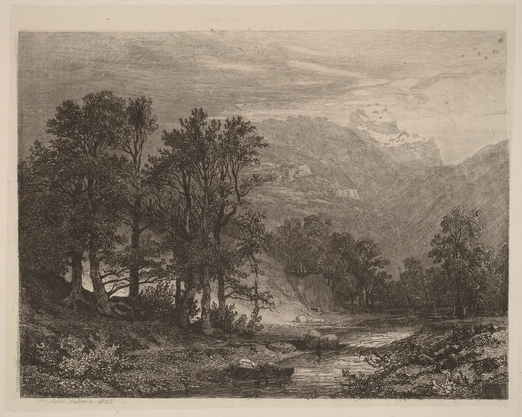 Mountain Stream, by Alexandre Calame, ink, 1840
