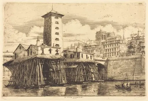 La Pompe Notre-Dame, Paris (The Notre-Dame Pump), by Charles Meryon, ink, 1852