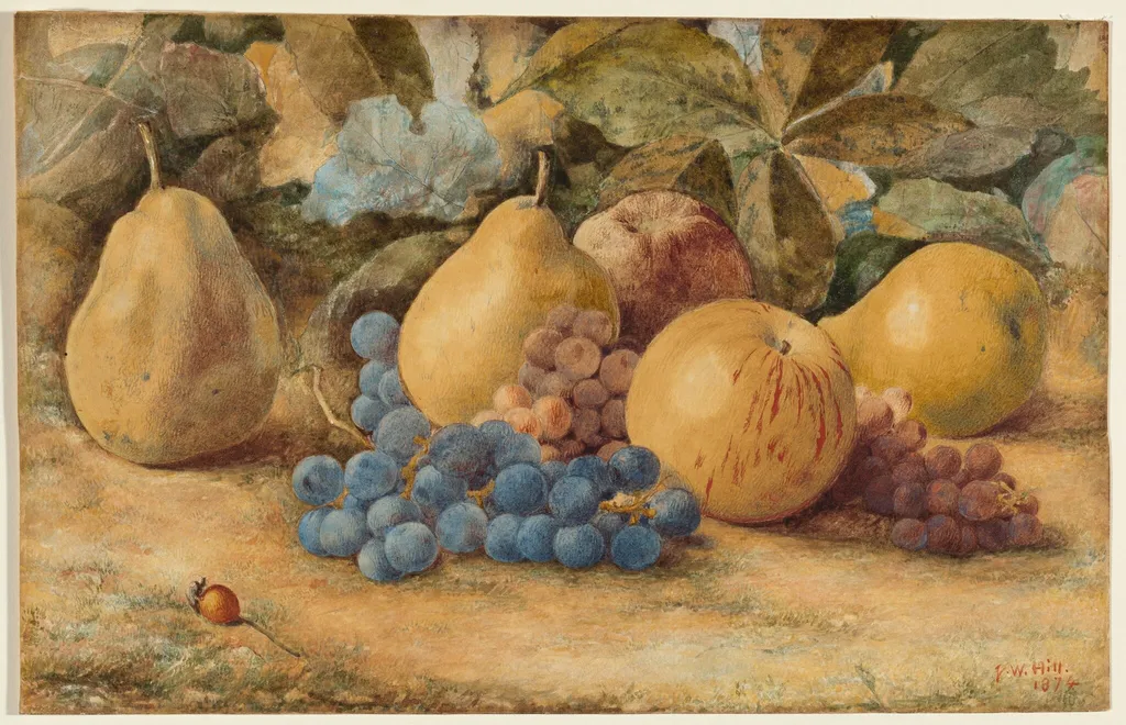 Still Life of Fruit: Apples, Pears, and Grapes on Ground, by John William Hill, watercolor, 1874
