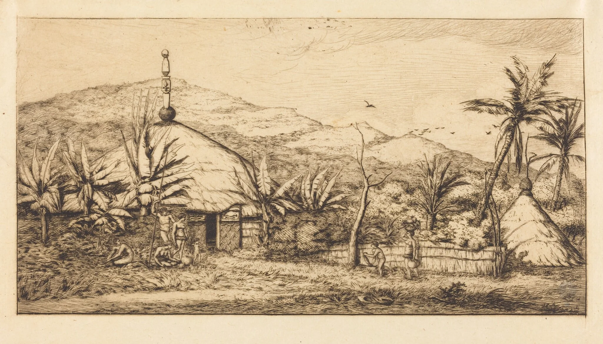 Nouvelle-Calédonie: Grande case indigène sur le chemin de Ballade à Poepo, 1845 (New Caledonia: Large Native Hut on the Road from Balade to Puebo, 1845), detail