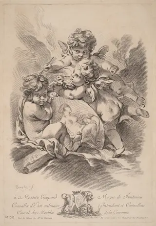 Allegory of Painting with Three Cherubs (99), by Gilles Demarteau the Elder, chalk, 1749