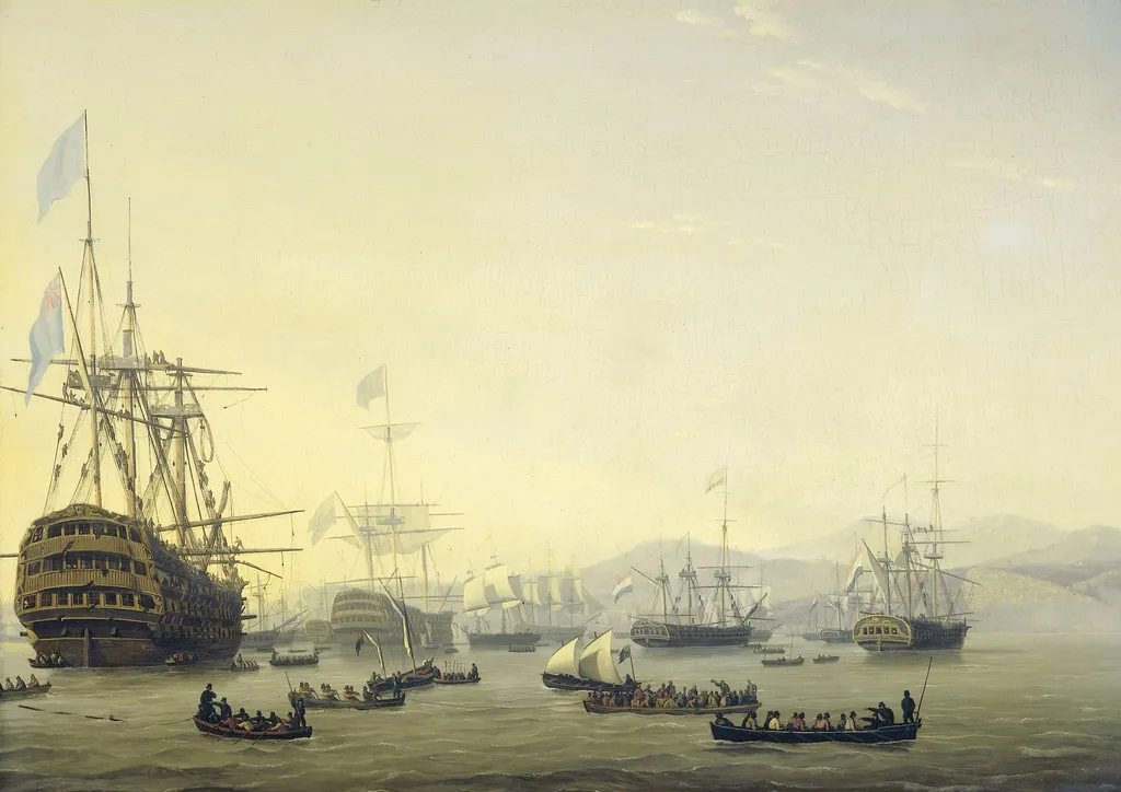 Council of War on board the 'Queen Charlotte', commanded by Lord Exmouth, prior to the Bombardment of Algiers, 26 August 1816, by Nicolaas Baur, unspecified, 1818