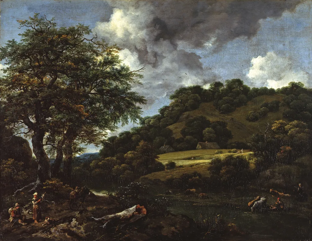 A Hilly Landscape with Tall Oaks, by Jacob van Ruisdael, paint, 1655