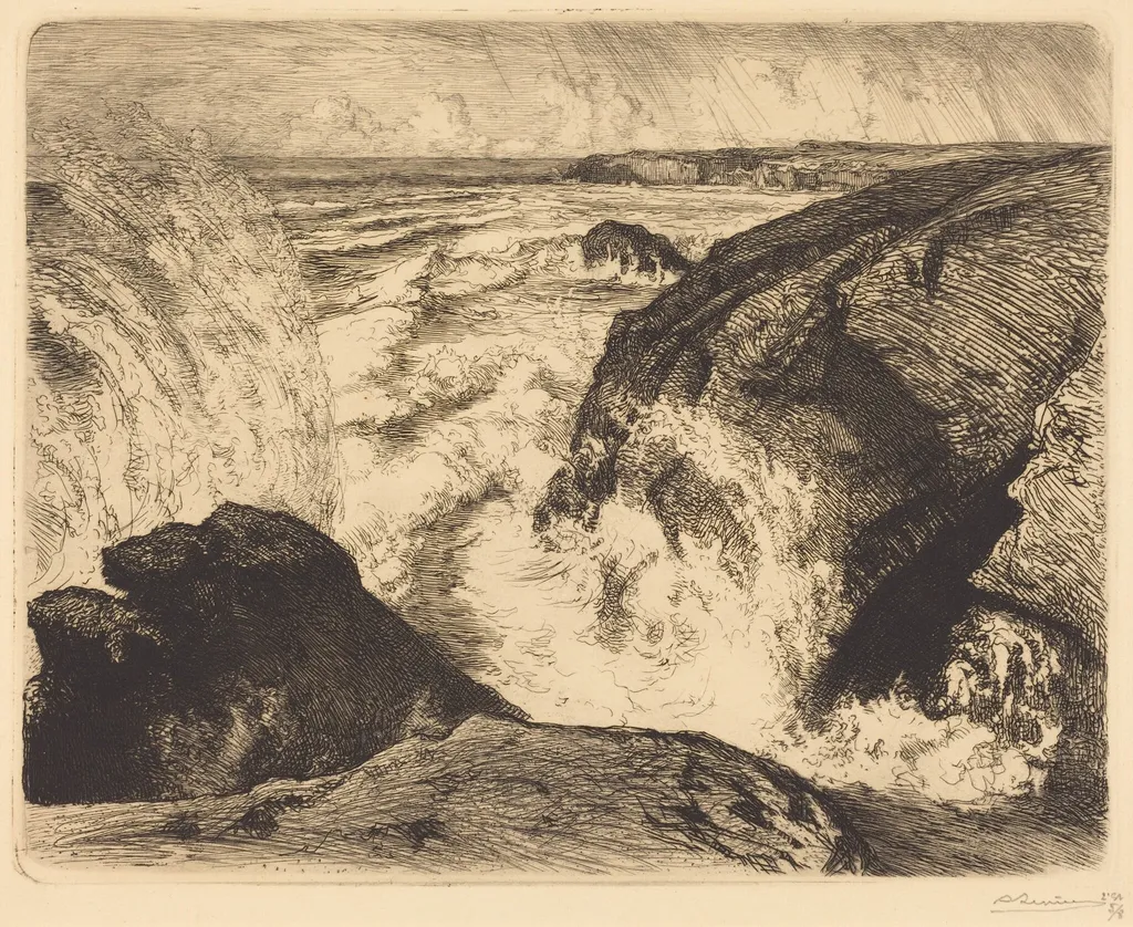 Spring Tide, Rocks of Zion (Grande maree, rochers de Sion, Vendee), by Auguste Lepère, ink, 1907