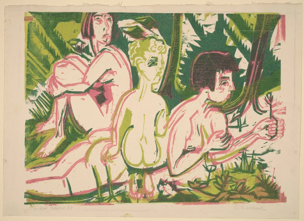 Nude Women with a Child in the Forest, by Ernst Ludwig Kirchner, ink, 1925
