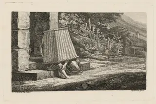 A Young Couple under a Large Wicker Basket, by Heinrich Carl Reinhold, ink, 1816
