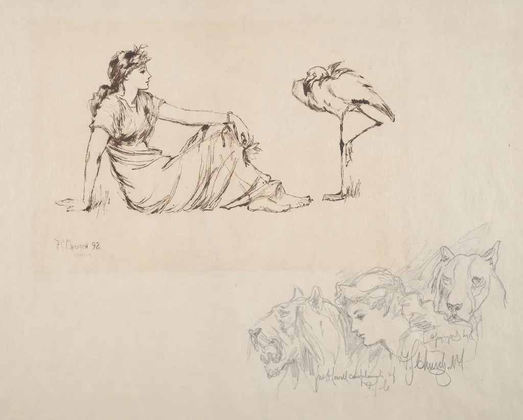 Woman and a Crane (Vigilance?), by Frederic Stuart Church, graphite, 1892