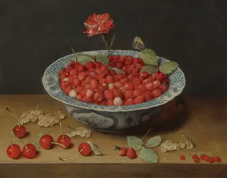 Wild Strawberries and a Carnation in a Wan-Li Bowl, by Jacob van Hulsdonck, oil, 1620