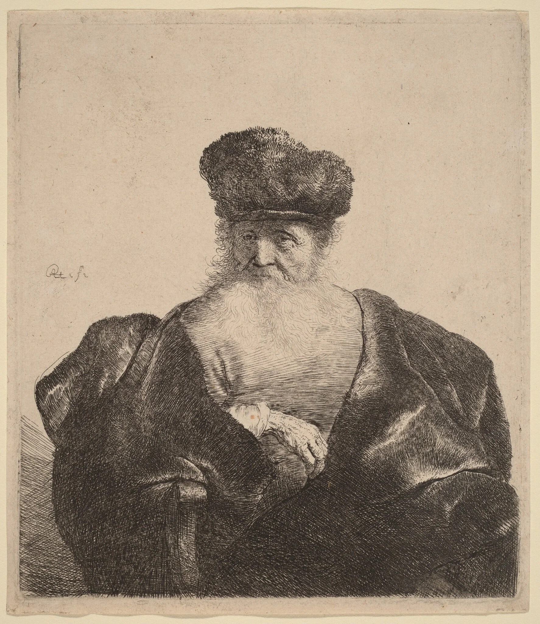 Old Man with Beard, Fur Cap, and Velvet Cloak, detail