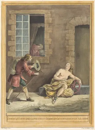 L'homme qui court apres la fortune et l'hommequi l'attend dans son lit (The Man who  Courts Fortune and the Man Who Sleeps in Bed), by A.-J. de Fehrt, ink, 1756