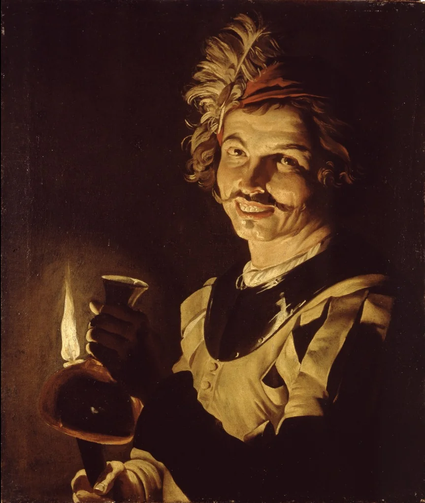 Young man with a decanter by candlelight, detail