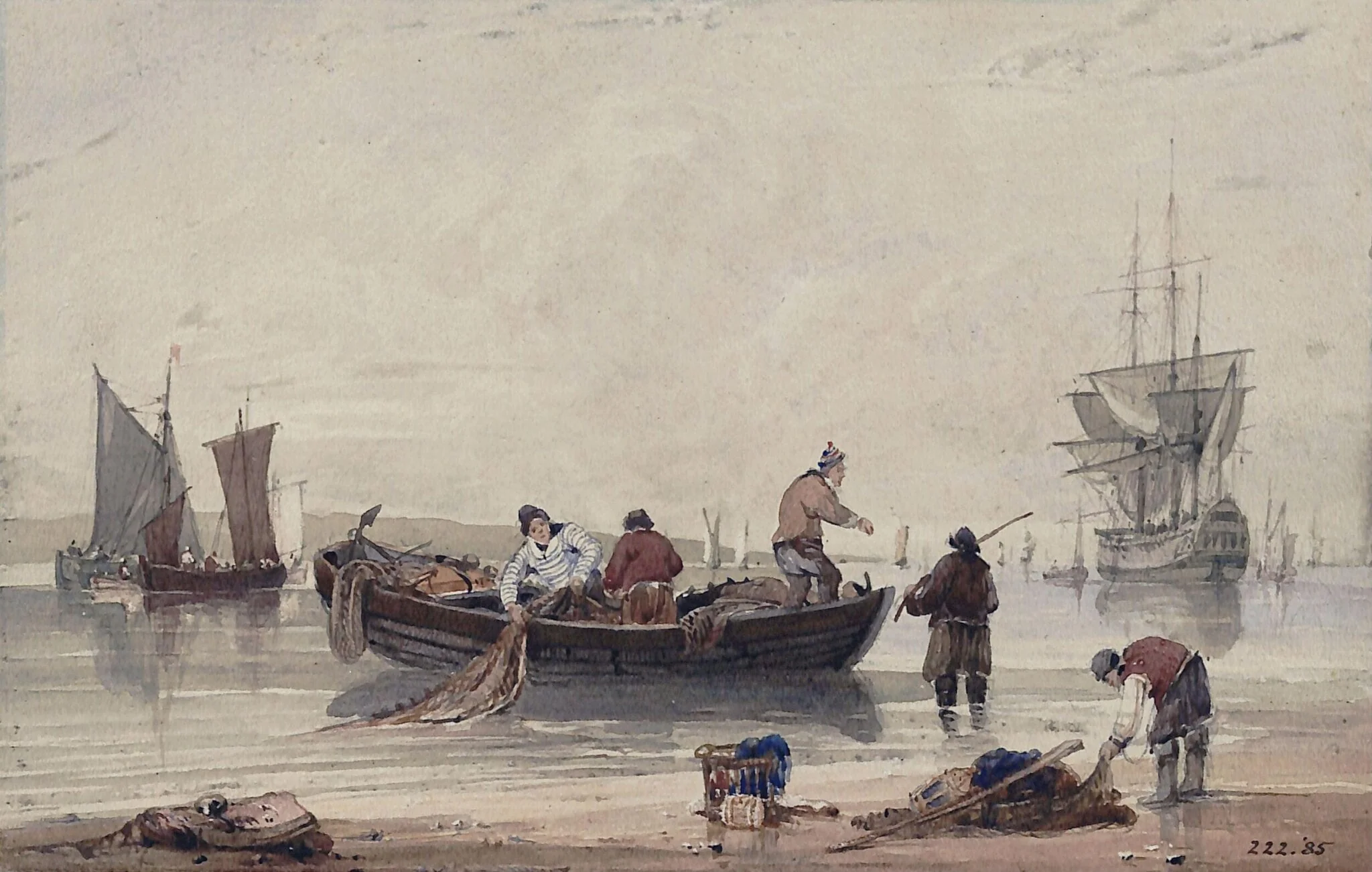 River scene with fishermen and boats, detail