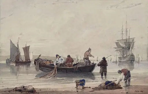 River scene with fishermen and boats, by Samuel Owen, watercolor, 1790