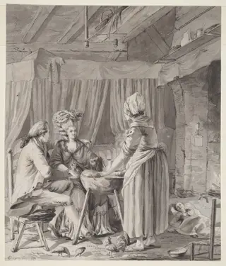 Elegant Couple Lunching in a Country Cottage, by Antoine-François Sergent, ink, 1778