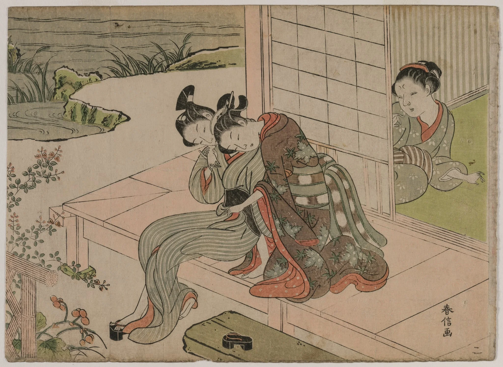 Woman Watching Young Couple Embrace on a Veranda, detail