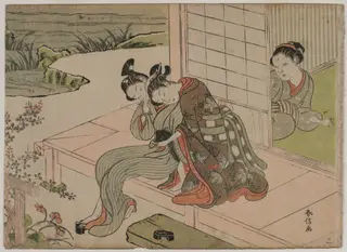 Woman Watching Young Couple Embrace on a Veranda, by Suzuki Harunobu, 1764